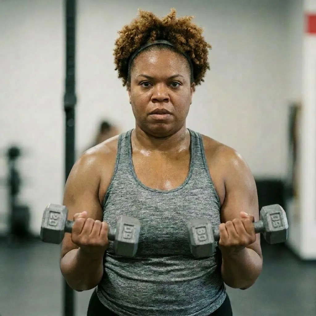 Woman demonstrating free weights. 