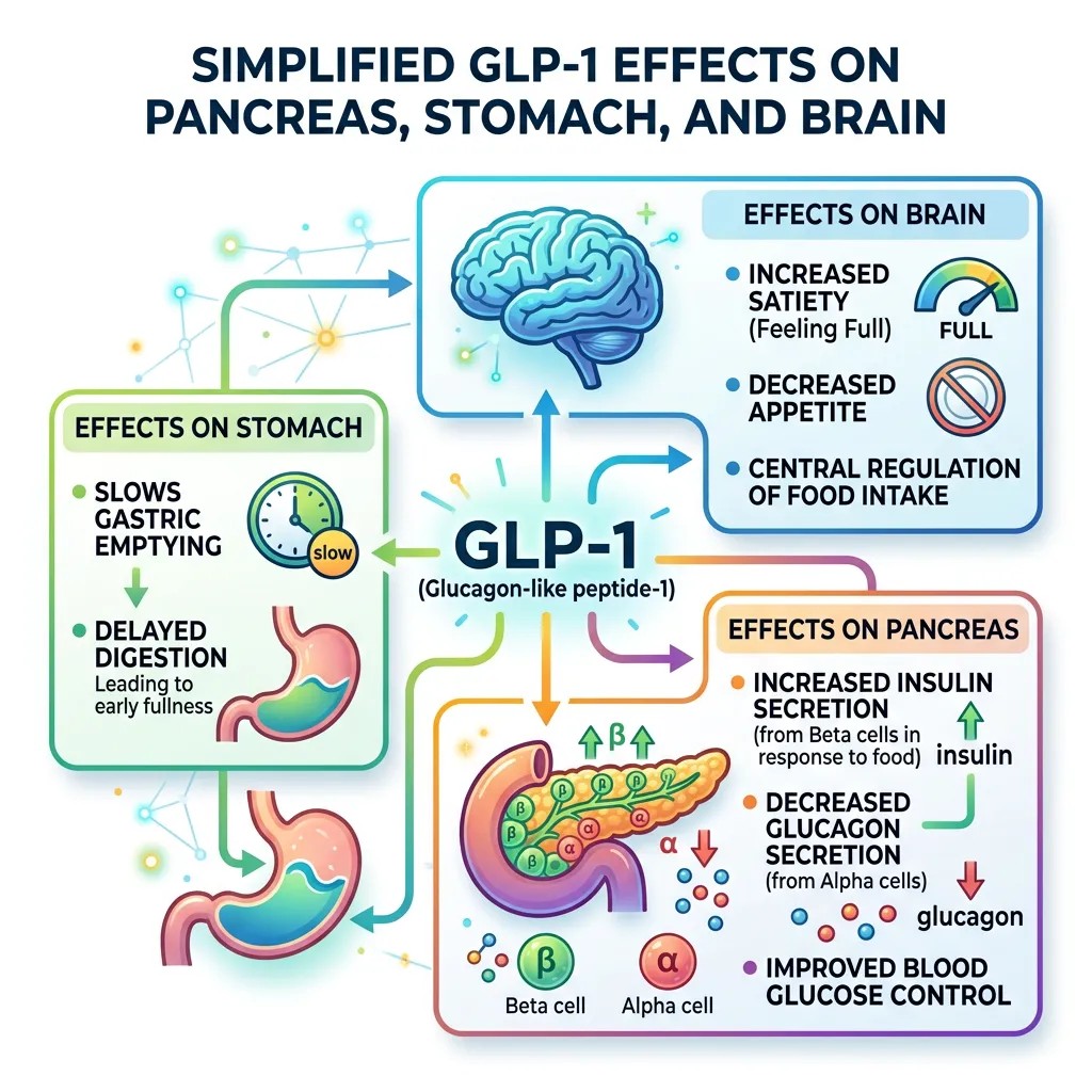 Simplified GLP-1 effects on pancreas, stomach, brain