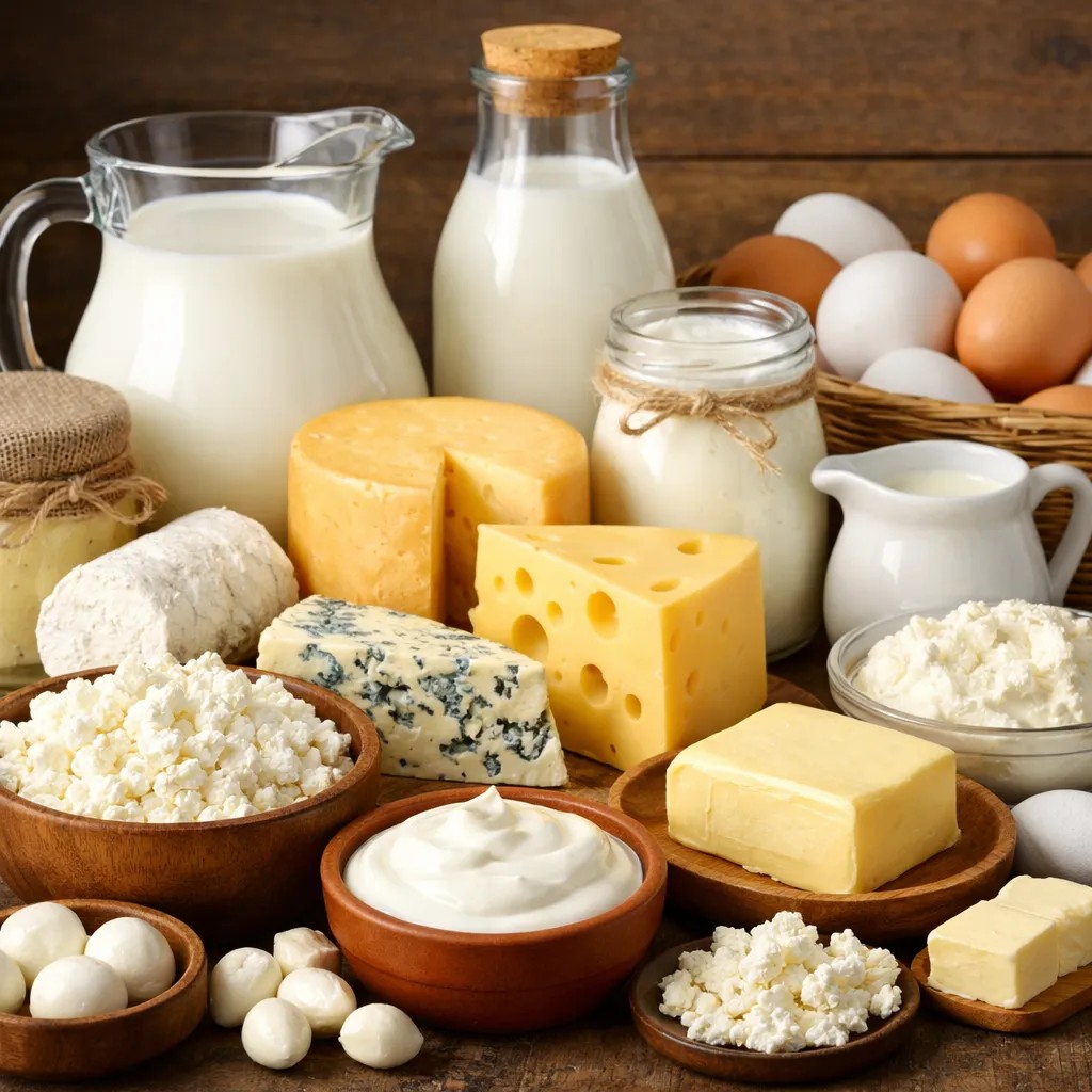 An assortment of dairy products. One of the five food groups. 