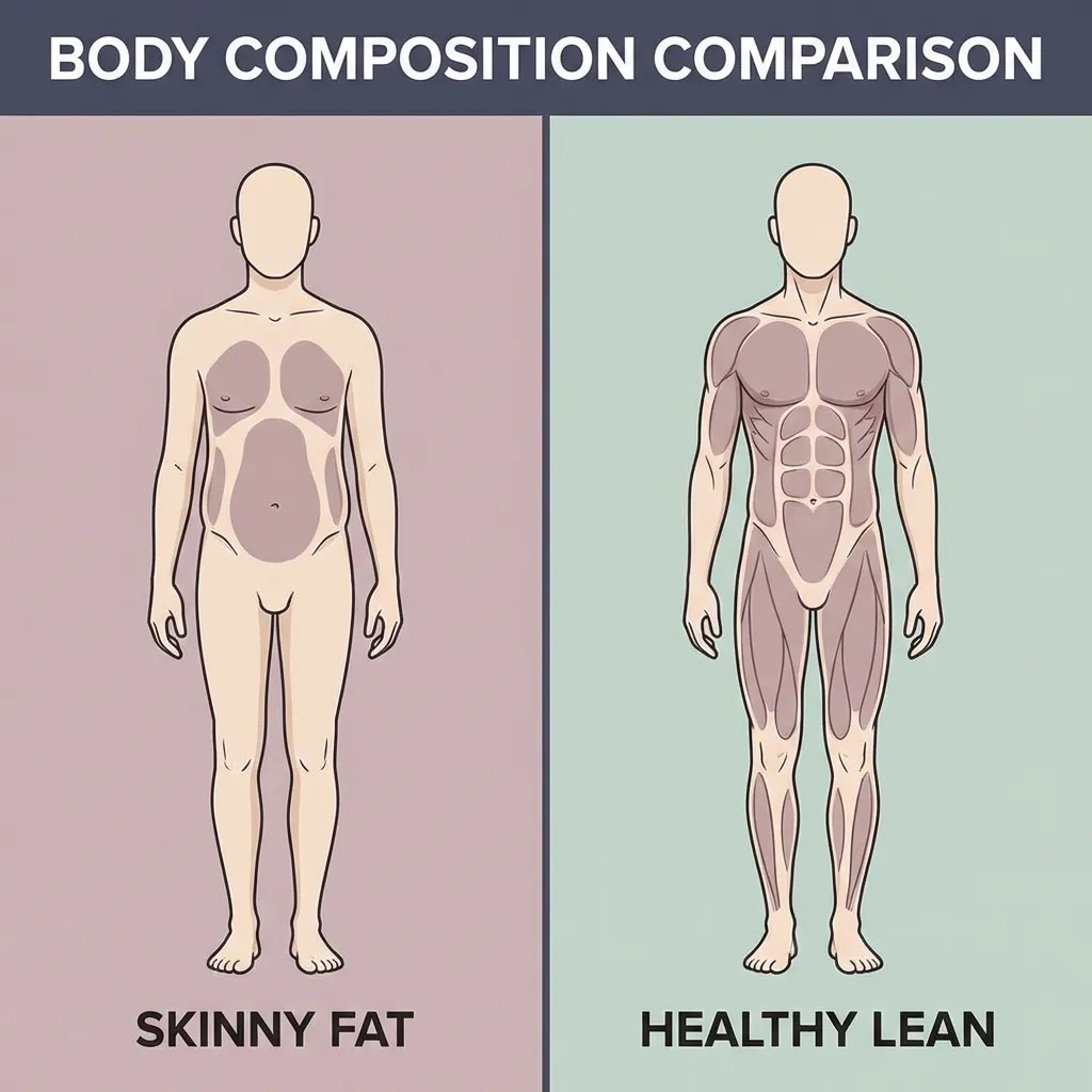Illustration of a skinny yet fat, flabby body and a fit body. 